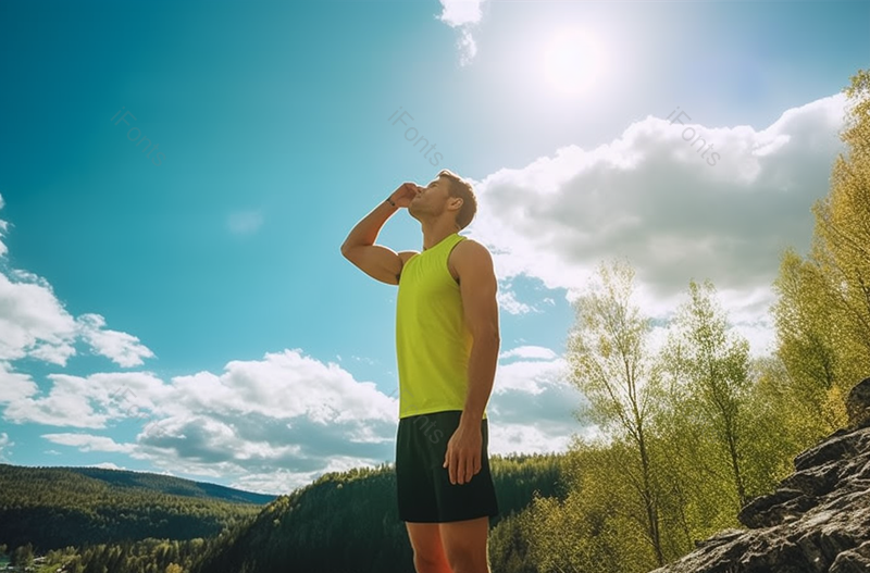 蓝天下青年男子山顶仰视天空侧面拍摄背景,高清,摄影图,摄影图片,图片大全,摄影图免费下载